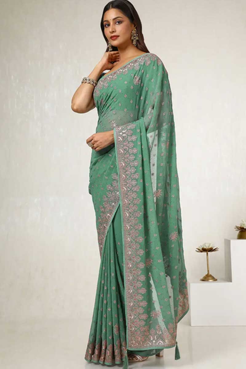 Green Georgette Embroidered Saree