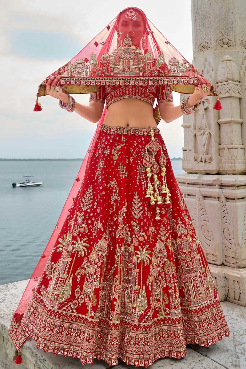 Bright Red Zari Silk Bridal Lehenga