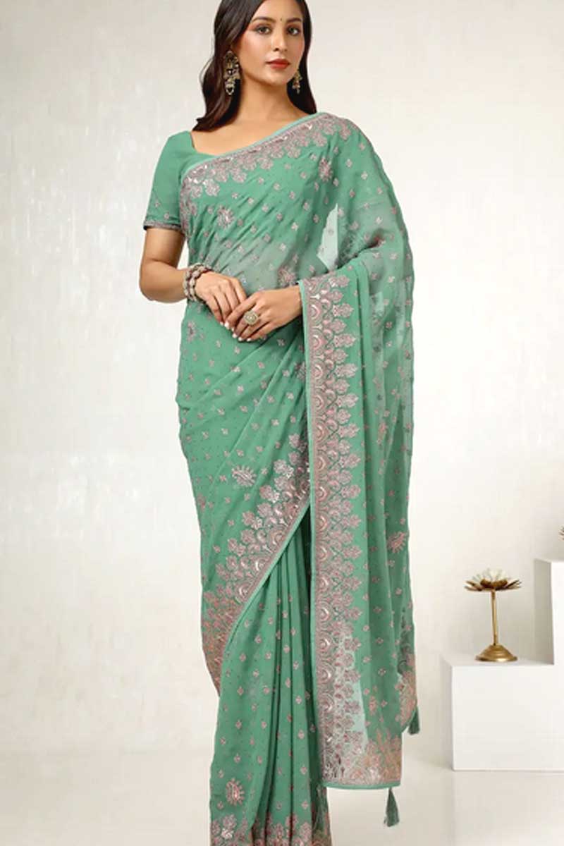Green Georgette Embroidered Saree