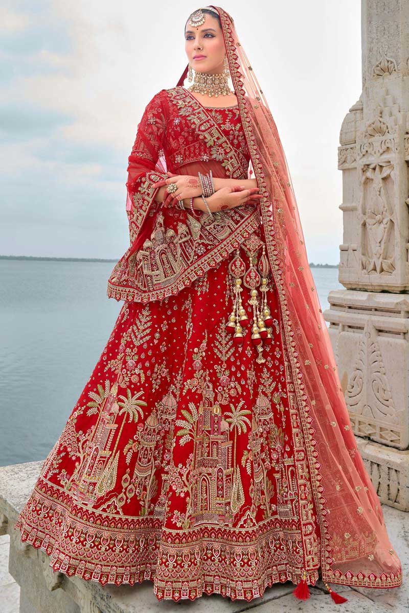 Bright Red Zari Silk Bridal Lehenga